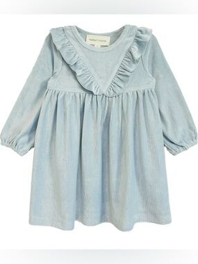 Light Blue Corduroy Ruffle-Trim Dress